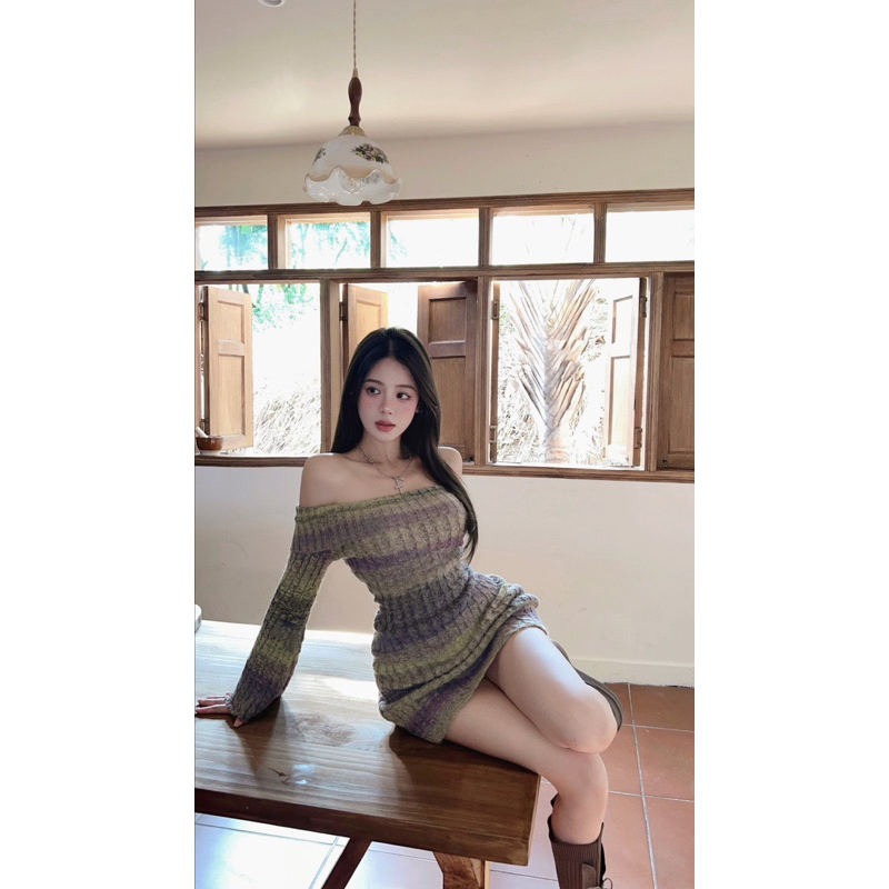 Đầm Body Len Loang Tím Rêu Trễ Vai