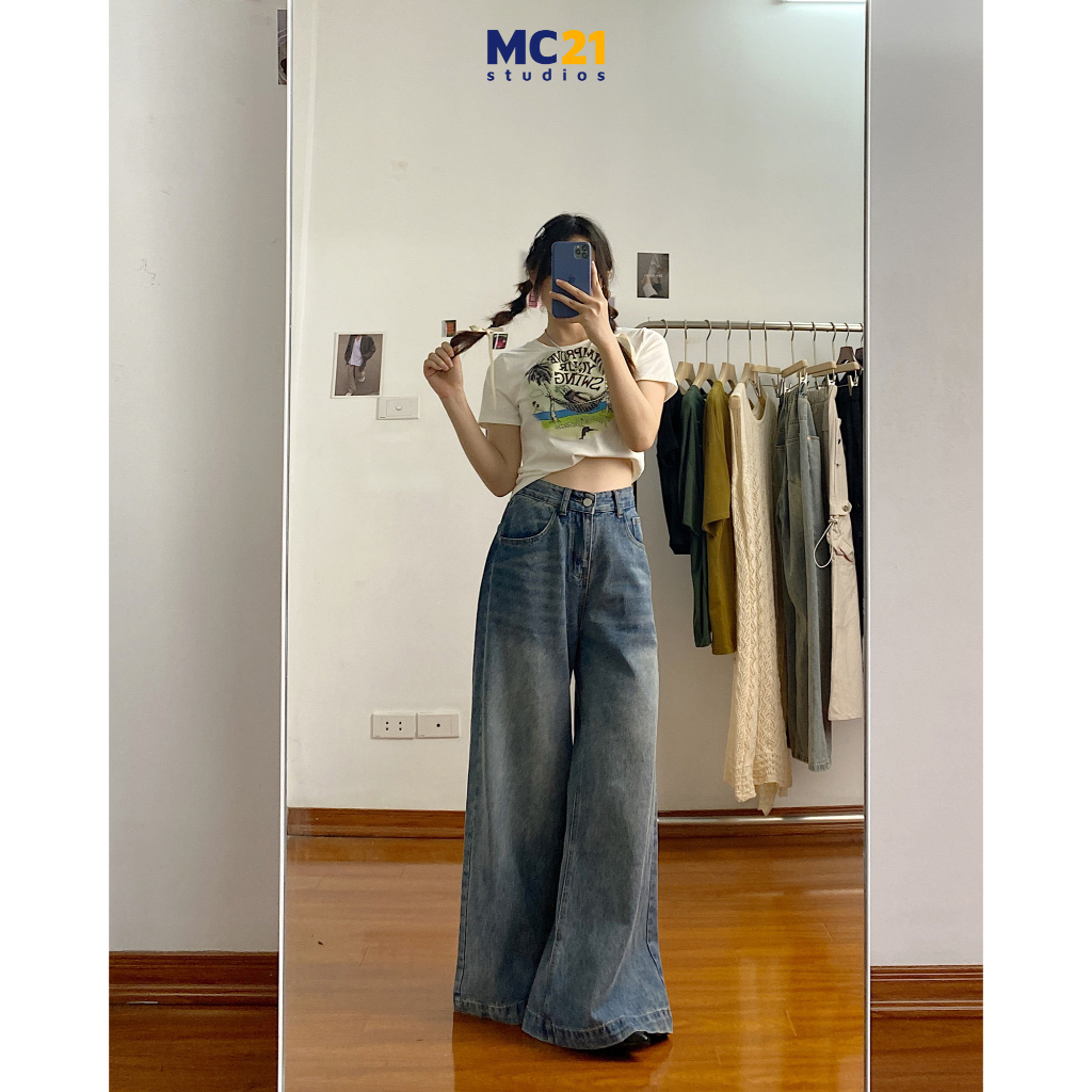 Quần jeans ống rộng dài MINIONCLOTHING lưng cạp cao dáng suông bigsize Ulzzang Streetwear chất jean bò Hàn Quốc Q3505