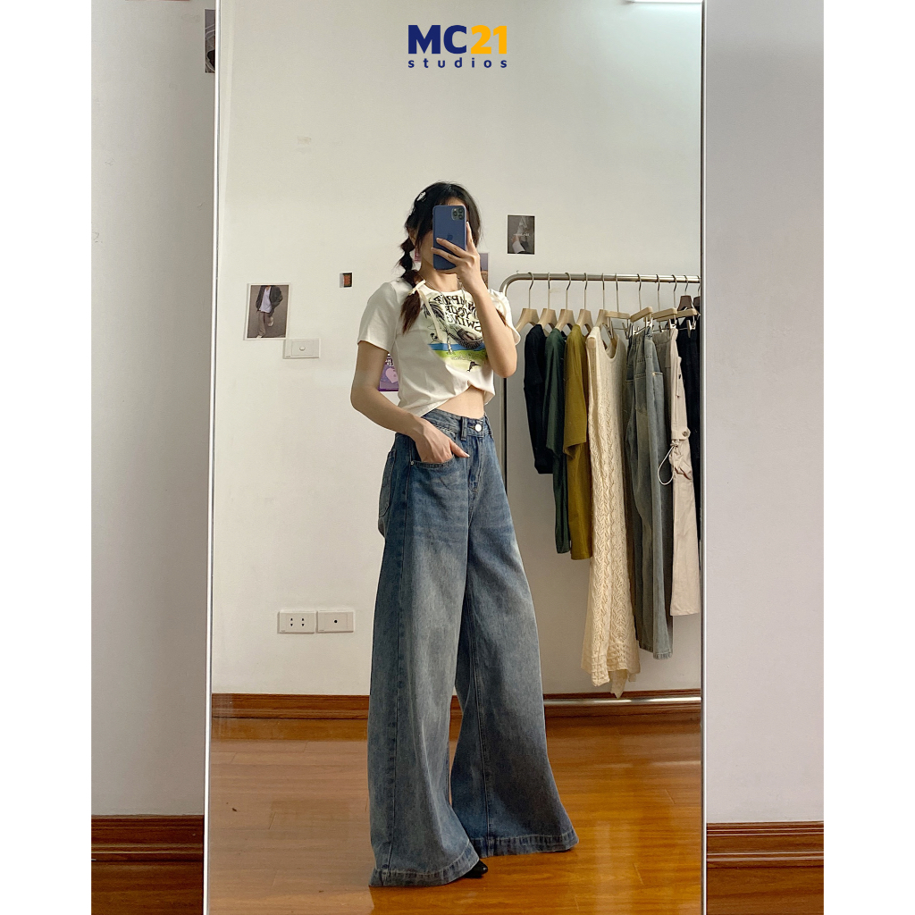 Quần jeans ống rộng dài MINIONCLOTHING lưng cạp cao dáng suông bigsize Ulzzang Streetwear chất jean bò Hàn Quốc Q3505