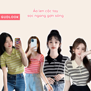 Áo Len Mongtoghi Cộc Tay Có Cổ GUDLOOK 3 Cúc Hoạ Tiết Kẻ Sóng