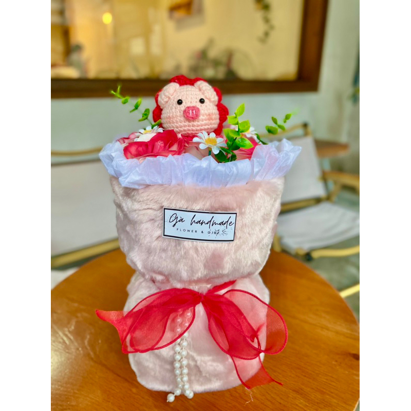 Bó hoa gấu nhồi bông/ thú len móc đáng yêu kết hợp nhiều màu sắc làm quà tặng bạn gái/shop Gà Handmadade