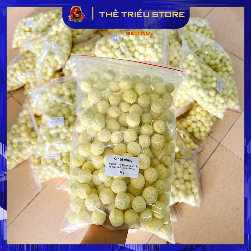 Sứ bi vàng, sứ viên tròn nhẫn vàng. Vật liệu lọc bể cá cảnh “Chứa vi sinh làm trong nước” Túi 500g-1