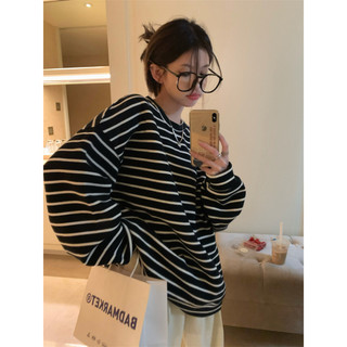A027 Áo thun kẻ ngang đen trắng dài cộc tay form rộng unisex Áo phông không cổ tròn nam nữ dáng to sọc Ulzzang hot hit