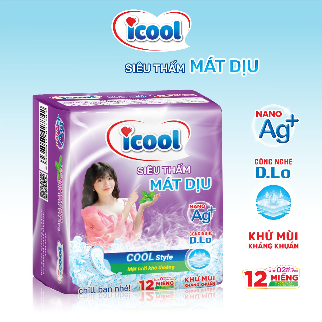 Băng vệ sinh ICOOL Siêu thấm có cánh bạc hà mát dịu gói loại 7 miếng, loại 10 miếng và loại 12 miếng