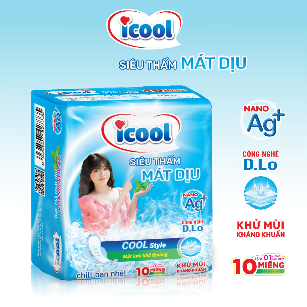 Băng vệ sinh ICOOL Siêu thấm có cánh bạc hà mát dịu gói loại 7 miếng, loại 10 miếng và loại 12 miếng