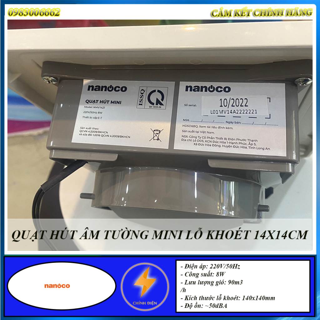 Quạt hút mini âm trần Nanoco NMV1421 lỗ khoét 14x14cm