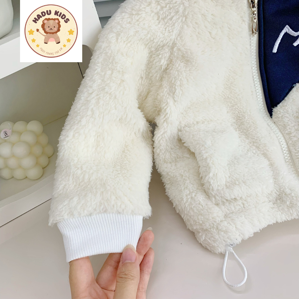 Áo khoác bé trai bé gái, áo khoác lông cừu cho bé dày ấm, khóa kéo, cổ 3 phân dễ thương - HADU KIDS 7-28kg
