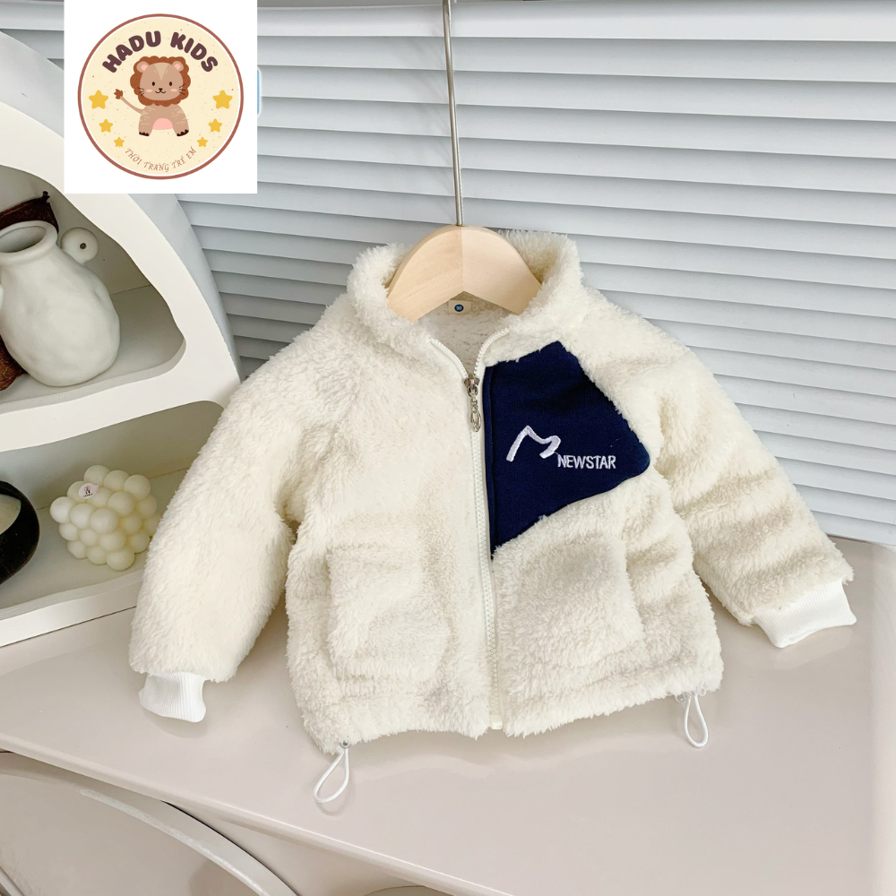Áo khoác bé trai bé gái, áo khoác lông cừu cho bé dày ấm, khóa kéo, cổ 3 phân dễ thương - HADU KIDS 7-28kg