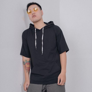 Áo hoodie cộc tay đen cotton thoáng mát