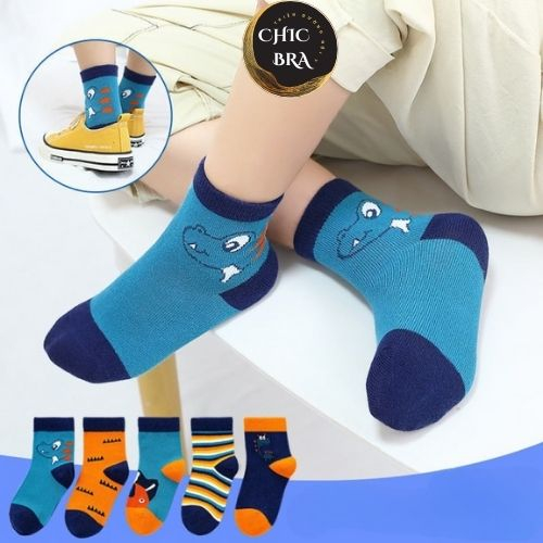 Set 5 đôi tất / vớ cotton khủng long xanh kẻ bé trai, gái sợi bông mềm mại thoáng khi khử mùi te6