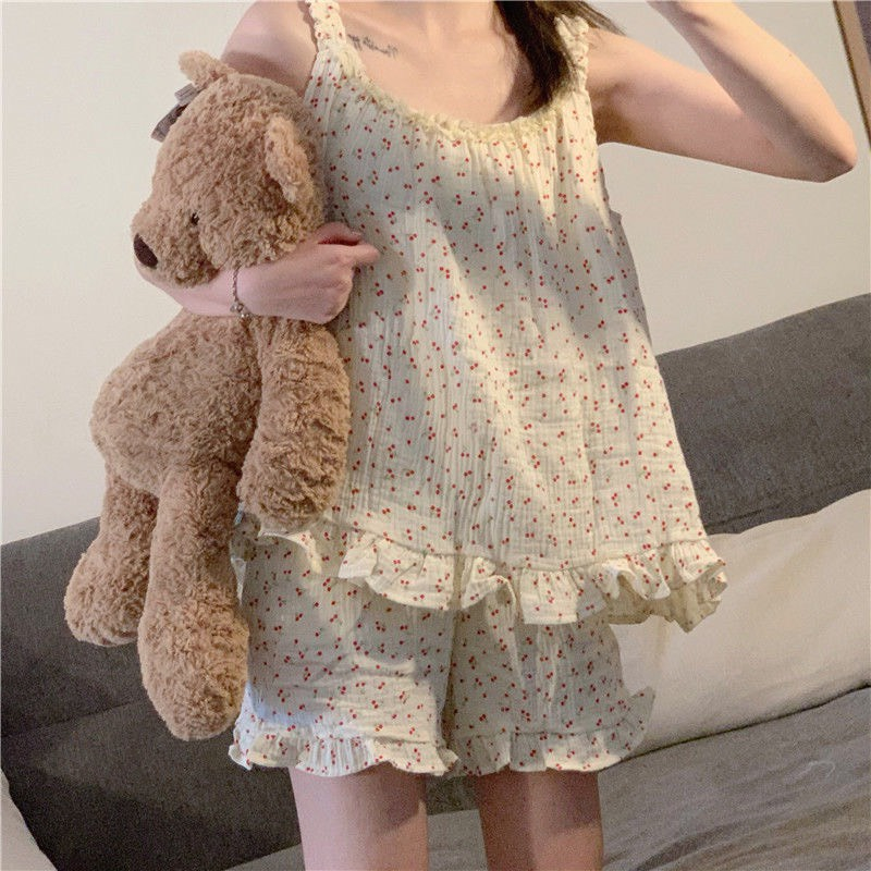 Bộ đồ pijama hai dây vải đũi dễ thương mặc cực mát mã DN47923