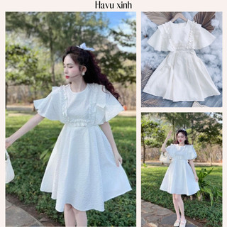 Váy xốp phối viền bèo tay cánh tiên, đầm dự tiệc dáng xoè chất liệu gấm xốp- HAVU XINH