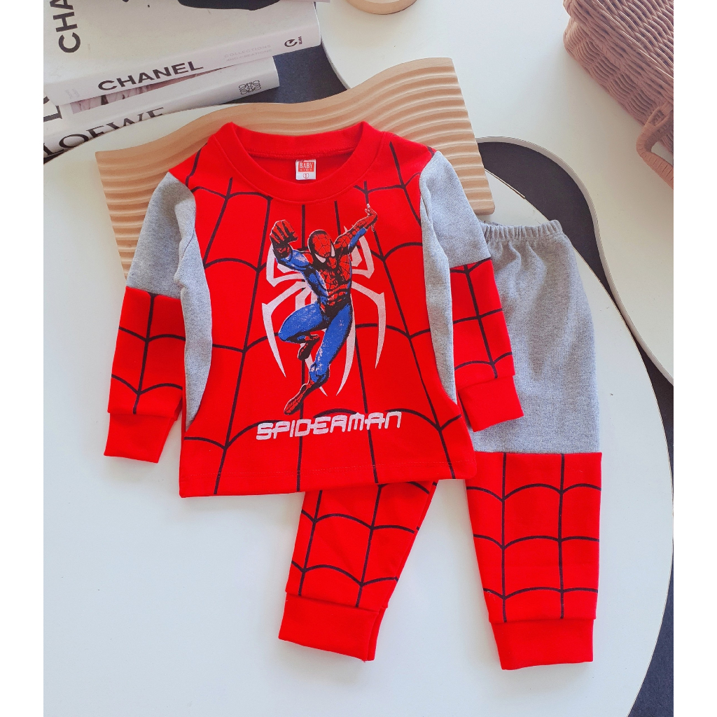 Đồ bộ bé trai, bộ quần áo dài tay thu đông in hình Spiderman chất len cotton dày dặn phối màu đẹp cho bé 10-20kg