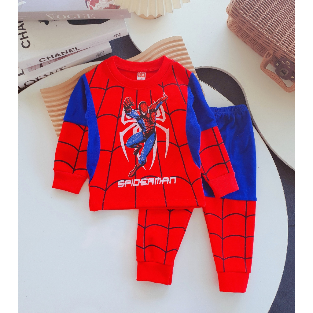 Đồ bộ bé trai, bộ quần áo dài tay thu đông in hình Spiderman chất len cotton dày dặn phối màu đẹp cho bé 10-20kg