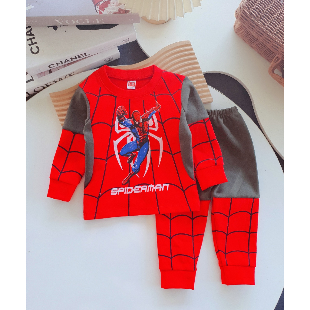 Đồ bộ bé trai, bộ quần áo dài tay thu đông in hình Spiderman chất len cotton dày dặn phối màu đẹp cho bé 10-20kg