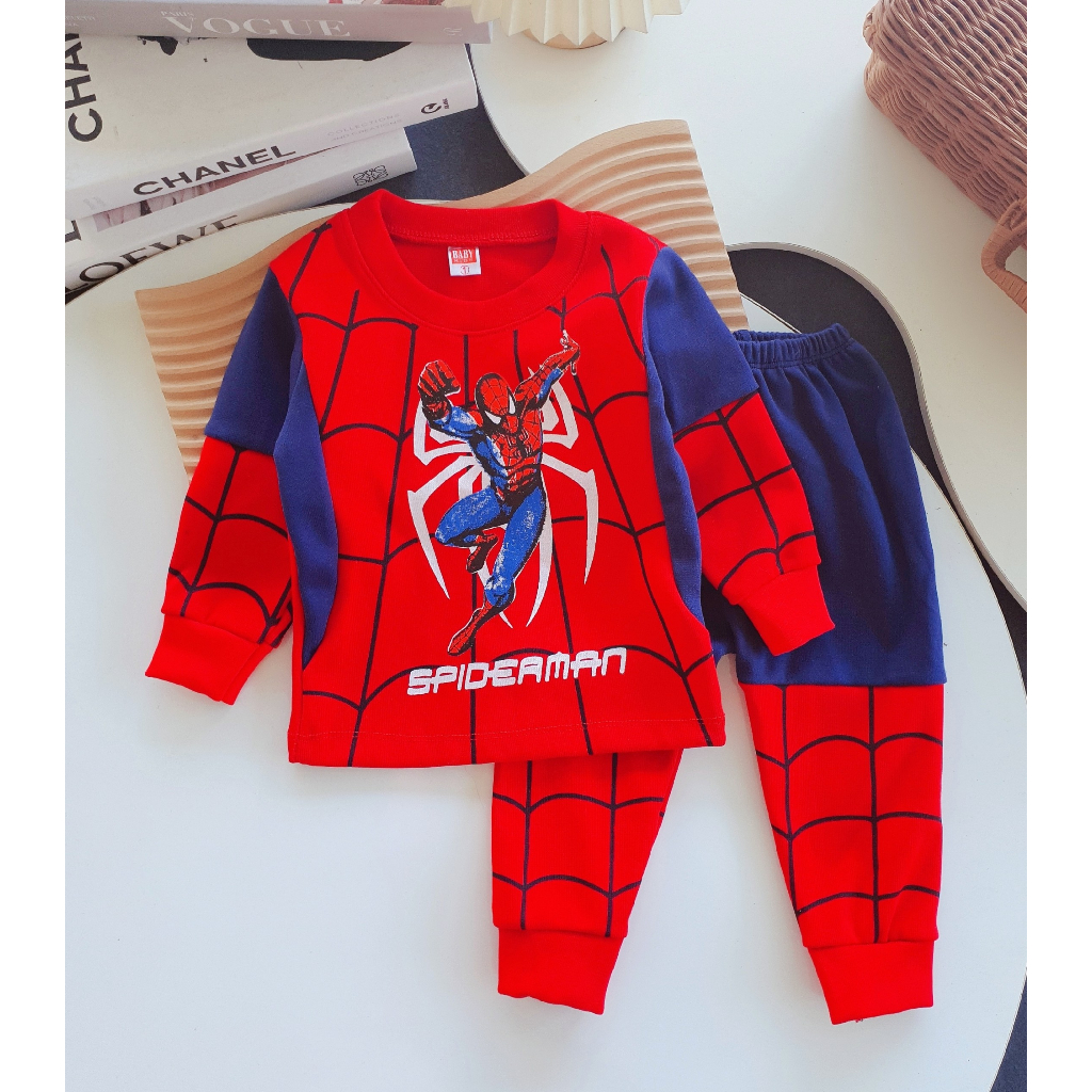 Đồ bộ bé trai, bộ quần áo dài tay thu đông in hình Spiderman chất len cotton dày dặn phối màu đẹp cho bé 10-20kg