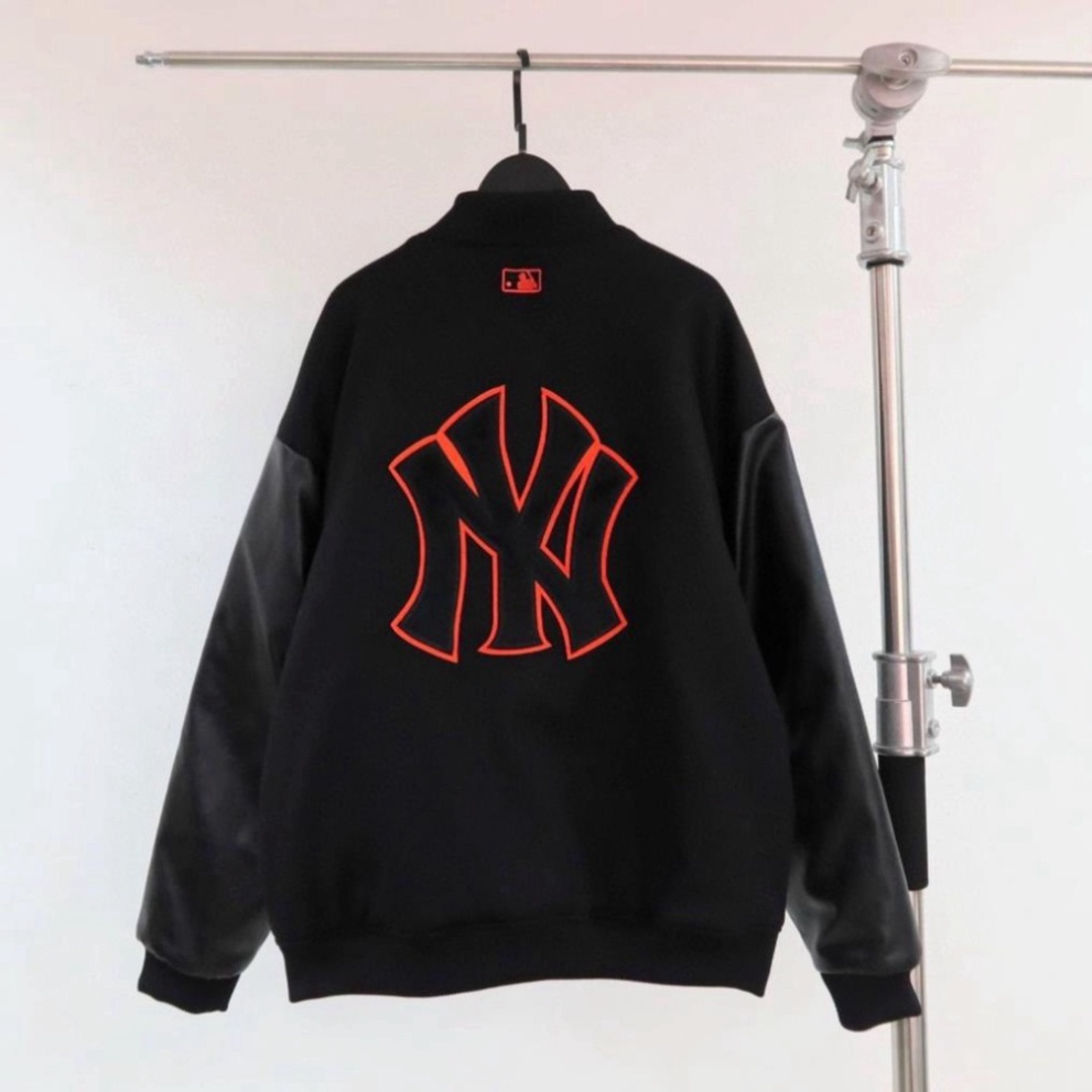 Áo khoác Bomber Varsity M.L.B Ny Thêu Logo Cam form rộng Phối Tay Da, áo khoác nam nữ mặc cực đẹp hottrend 2023