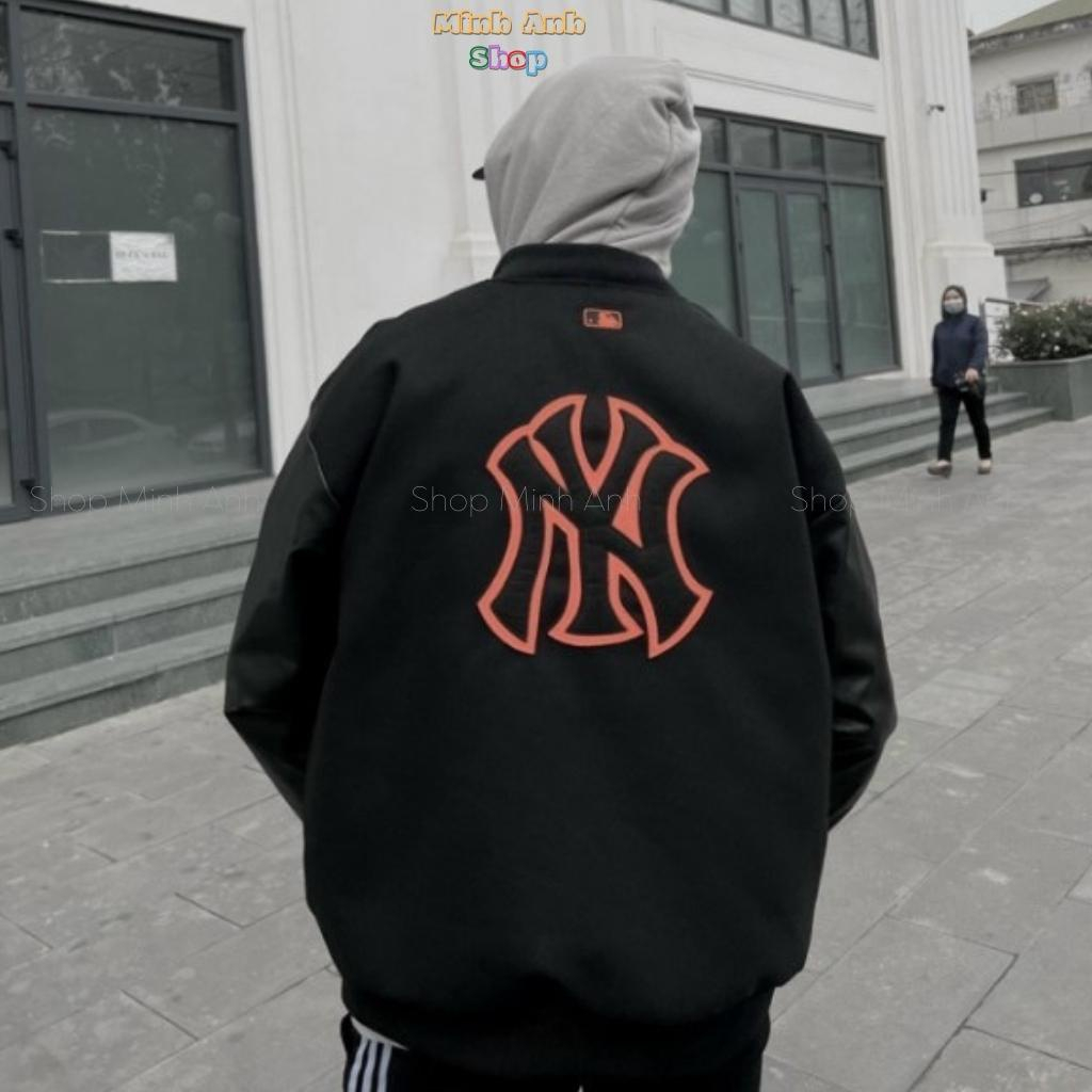 Áo khoác Bomber Varsity M.L.B Ny Thêu Logo Cam form rộng Phối Tay Da, áo khoác nam nữ mặc cực đẹp hottrend 2023
