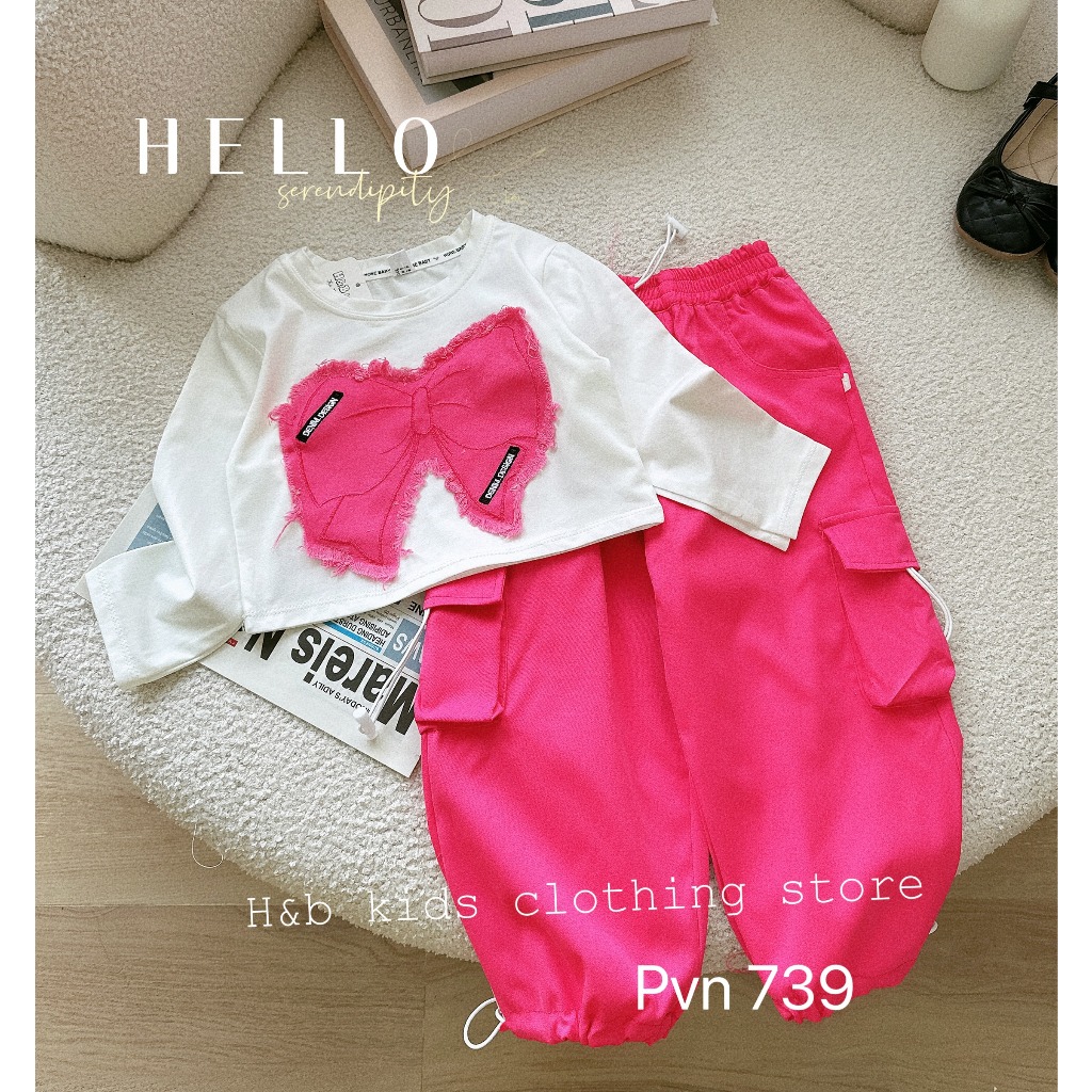 Đồ bộ bé gái , sét bộ quần áo croptop nơ + quần kaki túi hộp hiphop sành điệu cho bé 10-33kg