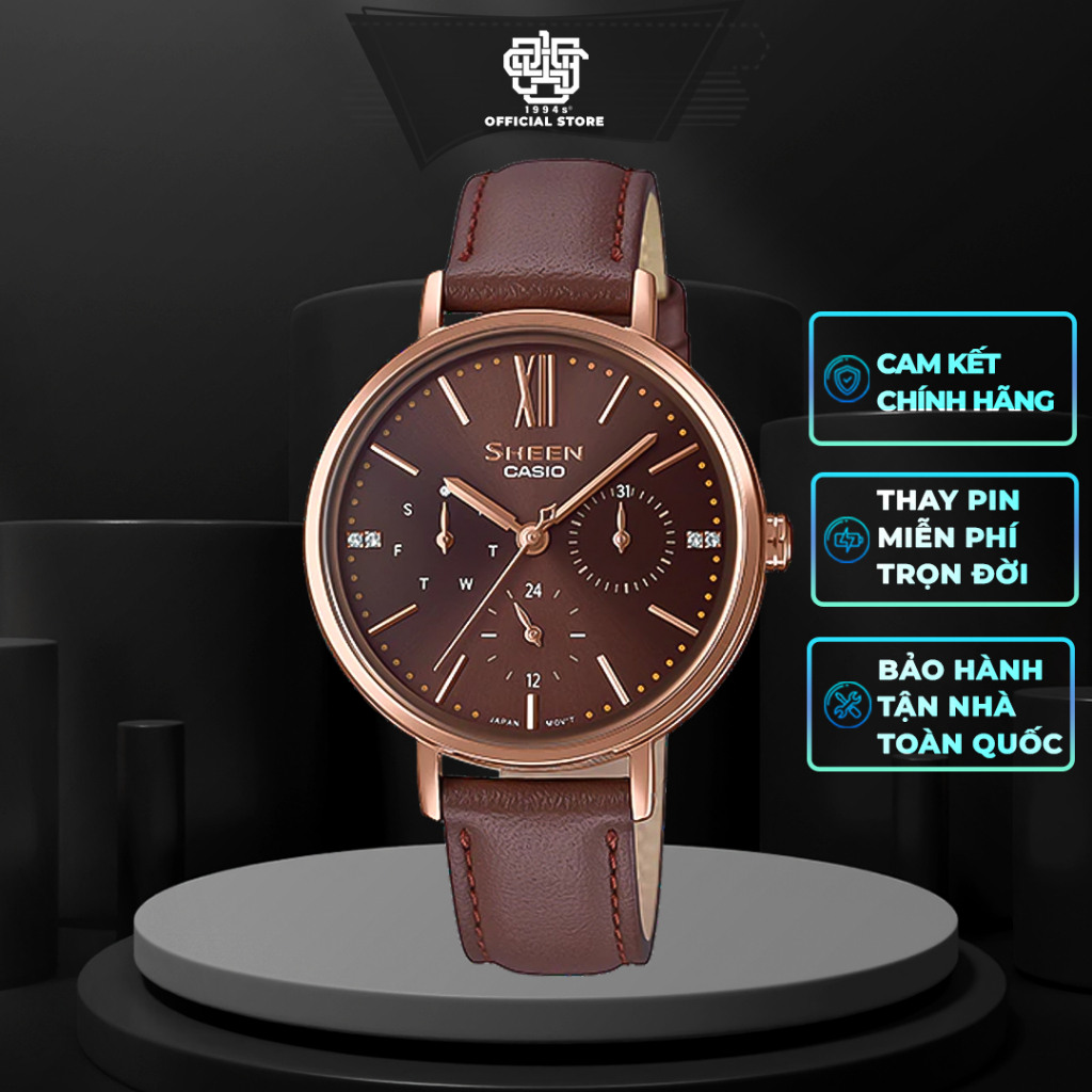Đồng hồ nữ Casio SHEEN SHE-3064 / SHE-3064PGL-5A dây da thật, hàng chính hãng