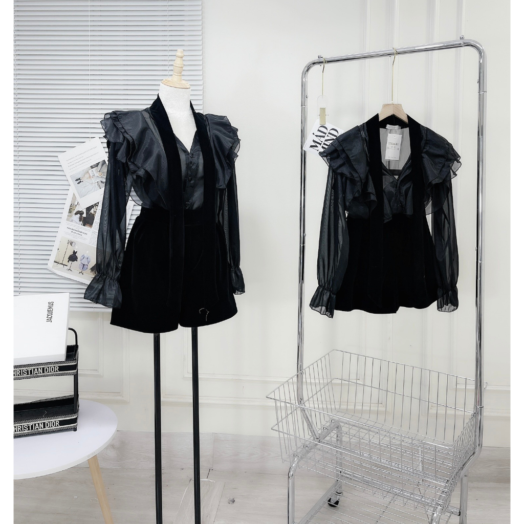 Set Sơ Mi Tơ Bèo Phối 2 Dây Nhung Kèm Quần Nhung Bồng Giả Váy Siêu Xinh