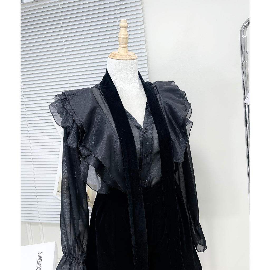 Set Sơ Mi Tơ Bèo Phối 2 Dây Nhung Kèm Quần Nhung Bồng Giả Váy Siêu Xinh