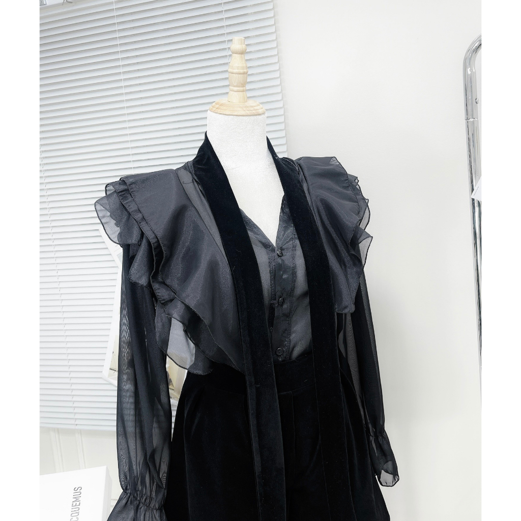 Set Sơ Mi Tơ Bèo Phối 2 Dây Nhung Kèm Quần Nhung Bồng Giả Váy Siêu Xinh