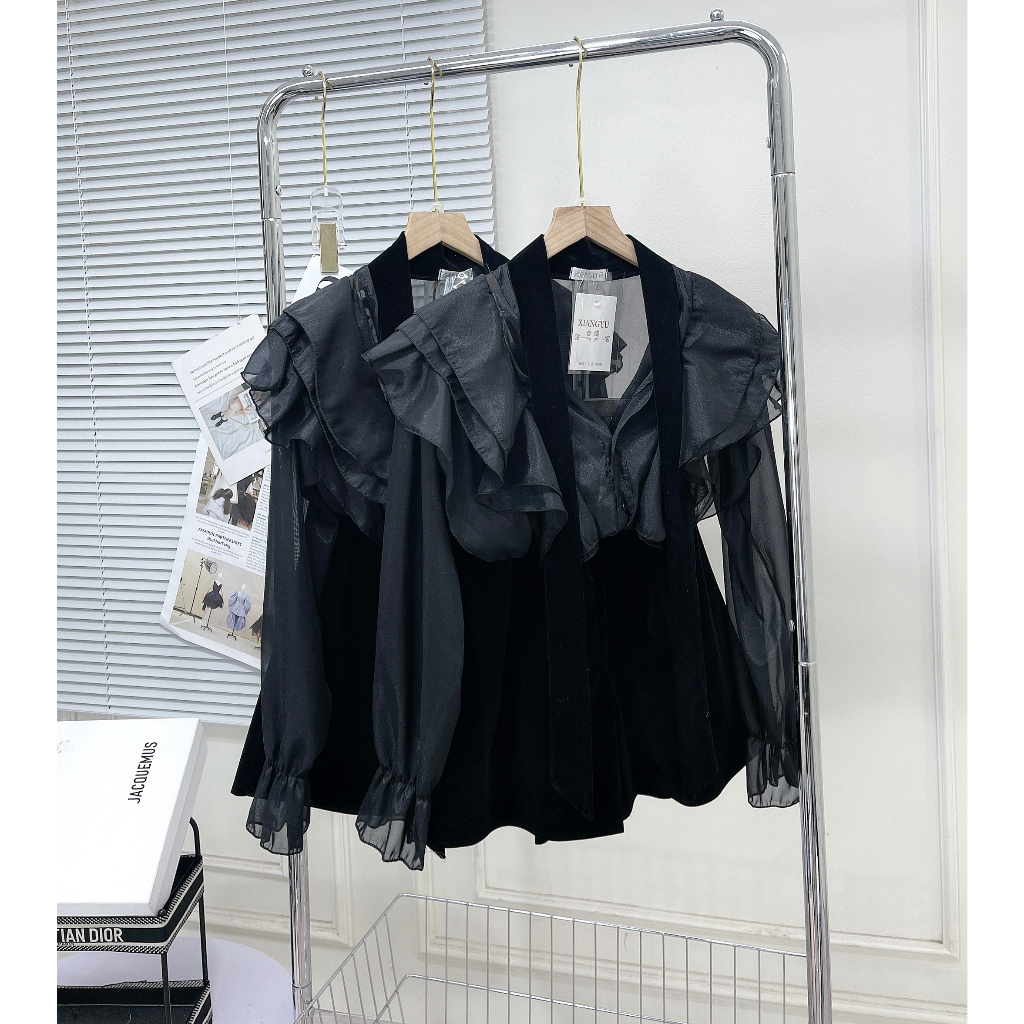 Set Sơ Mi Tơ Bèo Phối 2 Dây Nhung Kèm Quần Nhung Bồng Giả Váy Siêu Xinh