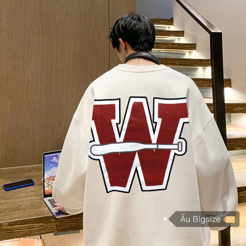 Áo sweater dài tay NỈ DA CÁ/ NỈ BÔNG in chữ W đỏ bóng chày Bigsize đến 100kg