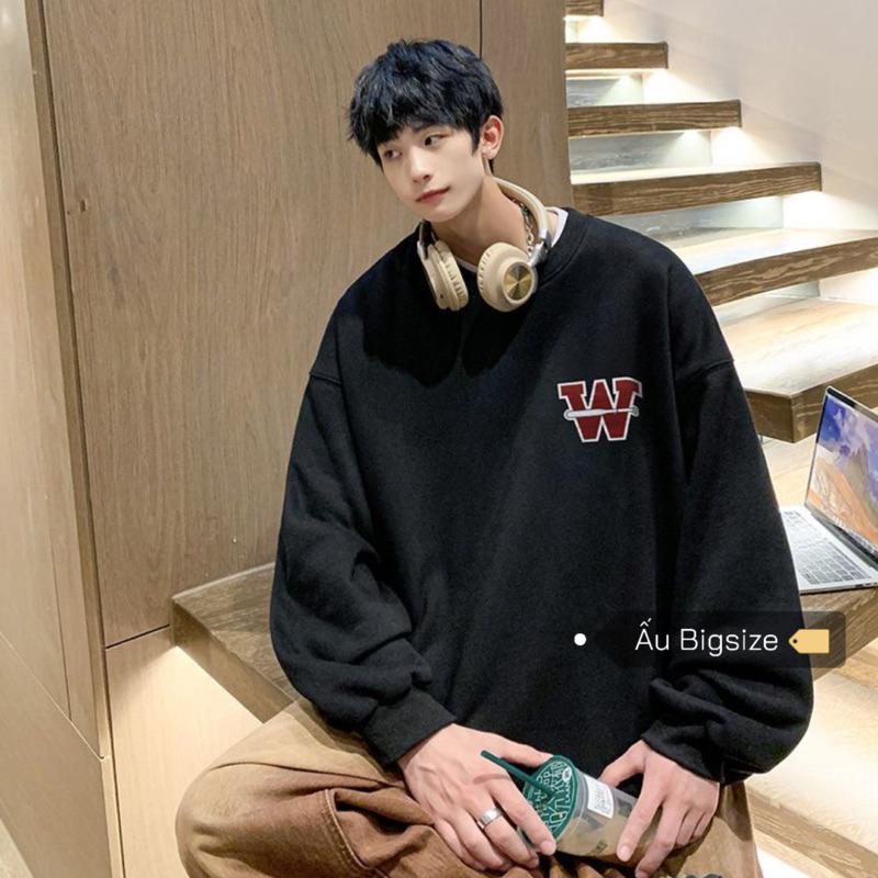 Áo sweater dài tay NỈ DA CÁ/ NỈ BÔNG in chữ W đỏ bóng chày Bigsize đến 100kg