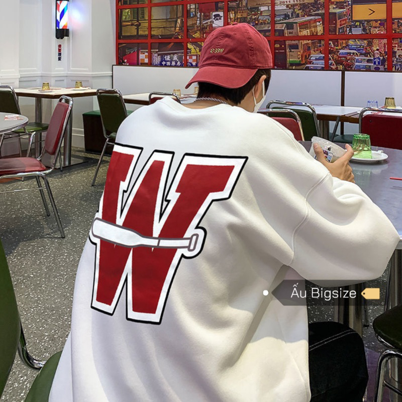 Áo sweater dài tay NỈ DA CÁ/ NỈ BÔNG in chữ W đỏ bóng chày Bigsize đến 100kg