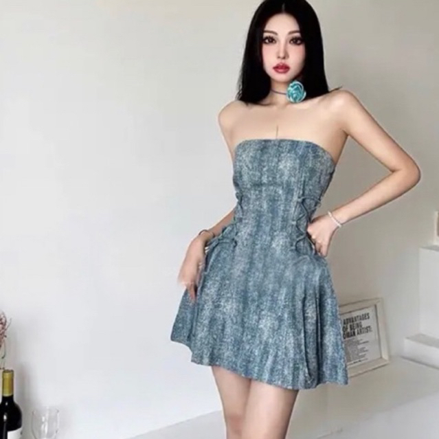 Đầm cúp ngực dáng xoè phối dây đan chiết eo màu loang cực chất cho nữ đầm dự tiệc sang chảnh cực xinh phong cách sexy