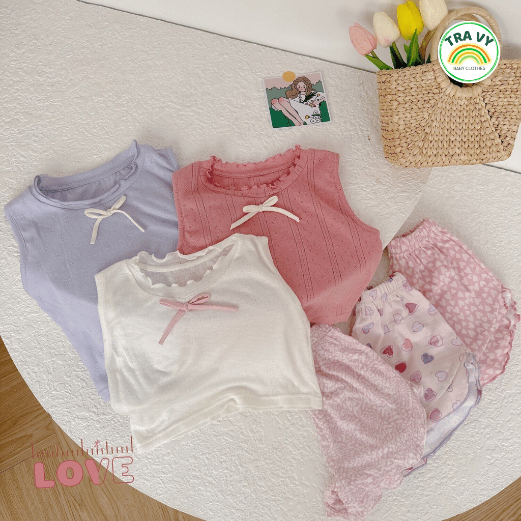 Bộ cộc tay bé gái, áo sát nách và quần cotton hai chiều, đồ bộ trẻ em