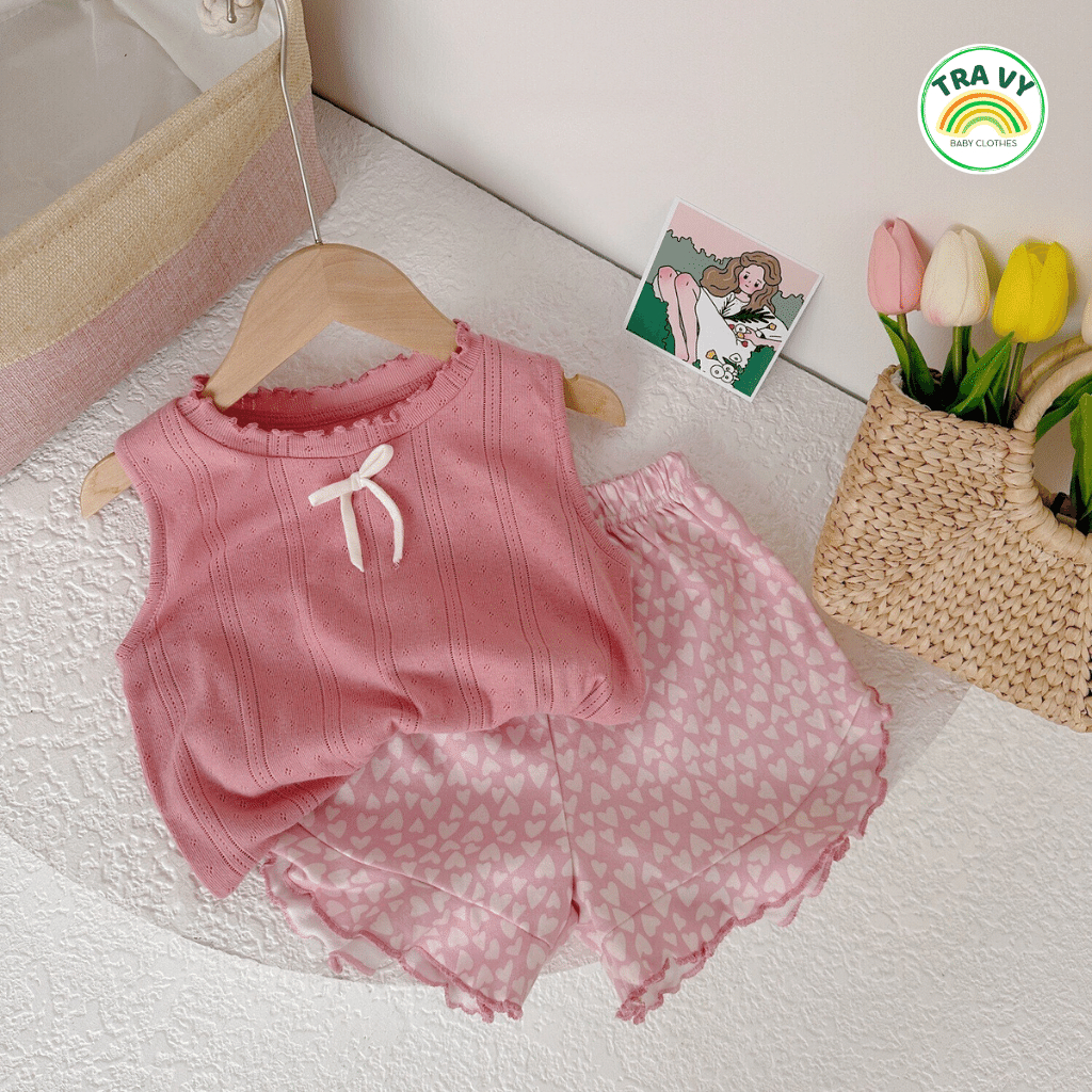 Bộ cộc tay bé gái, áo sát nách và quần cotton hai chiều, đồ bộ trẻ em