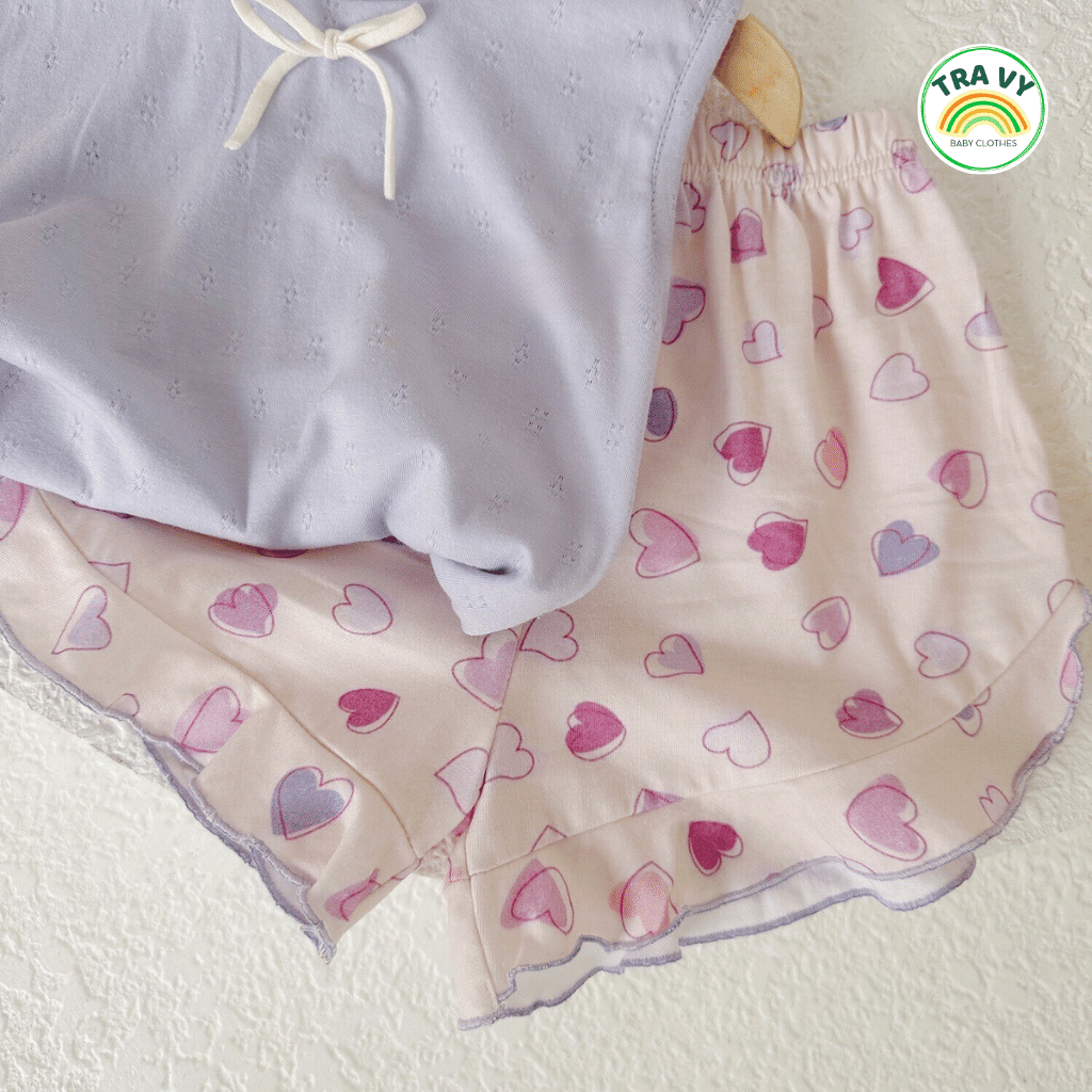 Bộ cộc tay bé gái, áo sát nách và quần cotton hai chiều, đồ bộ trẻ em