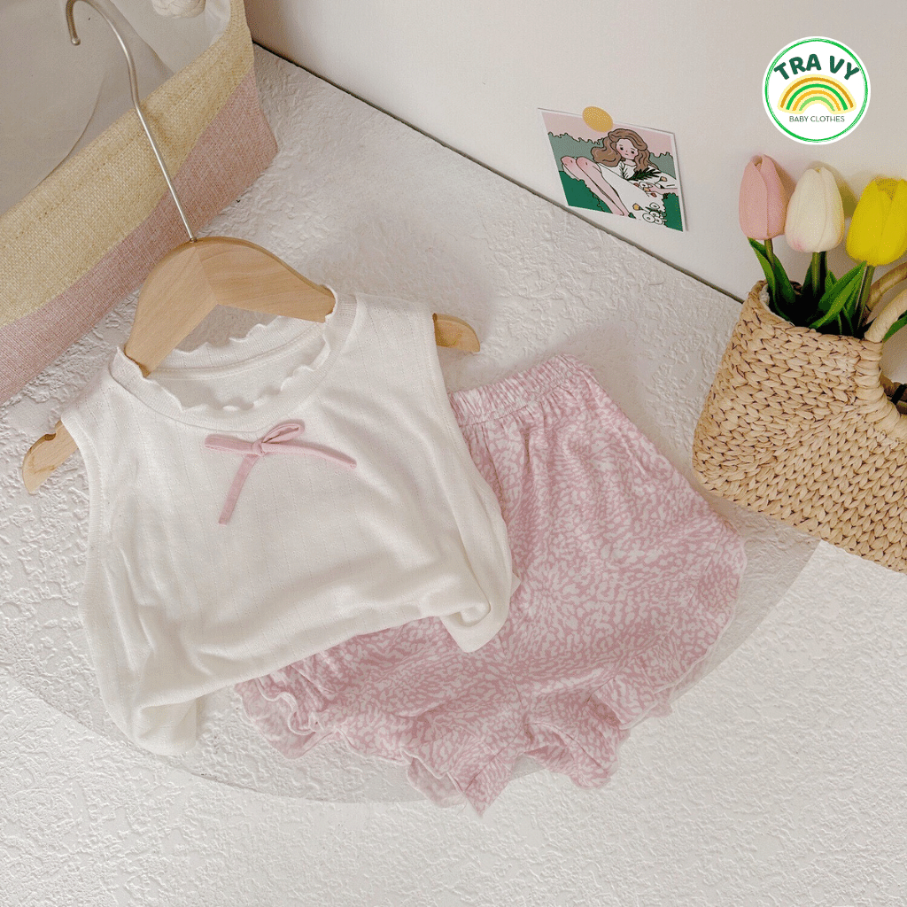 Bộ cộc tay bé gái, áo sát nách và quần cotton hai chiều, đồ bộ trẻ em