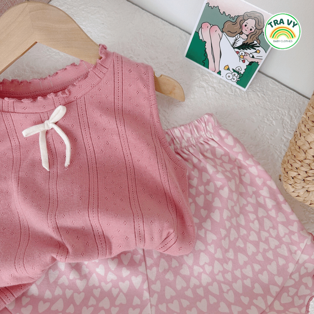 Bộ cộc tay bé gái, áo sát nách và quần cotton hai chiều, đồ bộ trẻ em