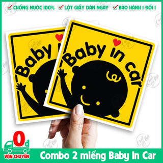 2 logo sticker 10cm x 10cm Baby In Car cho xe ô tô hình em bé VẪY TAY