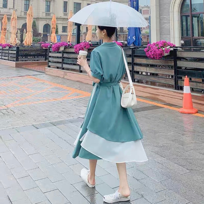 Đầm xanh túi hộp phối trắng 2 màu