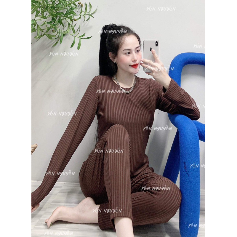 Set đồ nữ, đồ bộ Ủ KEM GÂN ĐŨA LẠNH FORM ÔM , Tay dài  40kg-54kg
