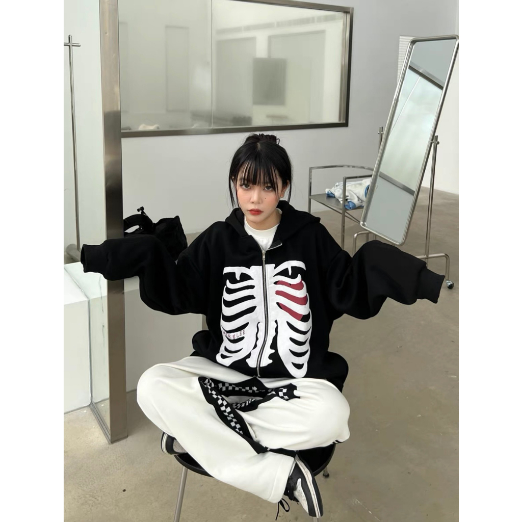 Áo hoodie zip Unisex ,áo nỉ tay dài có mũ chất nỉ gân hình bộ xương màu đen độc lạ cá tính siêu chất ,mặc quanh năm
