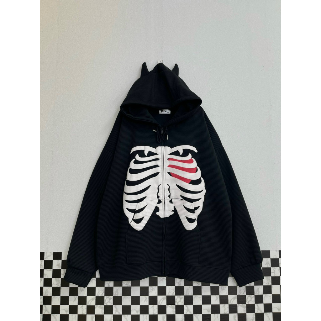 Áo hoodie zip Unisex ,áo nỉ tay dài có mũ chất nỉ gân hình bộ xương màu đen độc lạ cá tính siêu chất ,mặc quanh năm