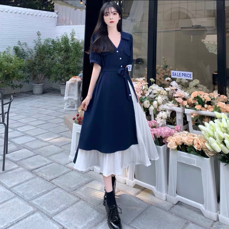 Đầm sơ mi túi hộp phối trắng