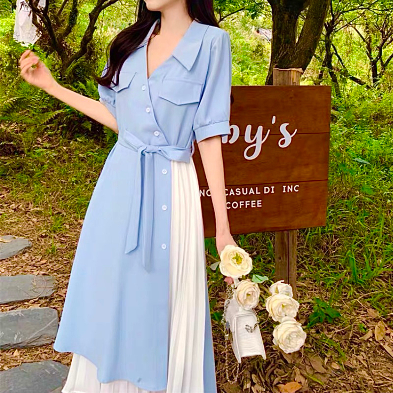Đầm sơ mi túi hộp phối trắng
