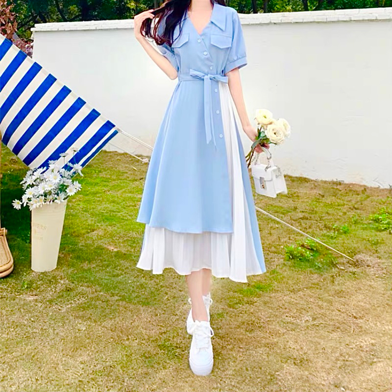Đầm sơ mi túi hộp phối trắng