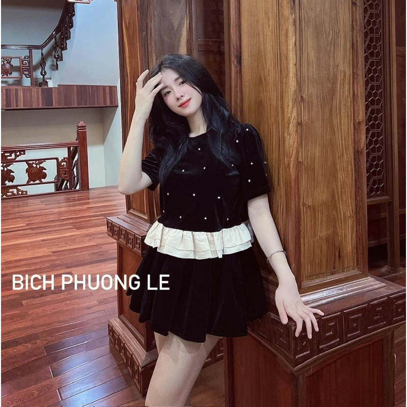 Áo nhung đính ngọc mix chân viền be xinh xắn