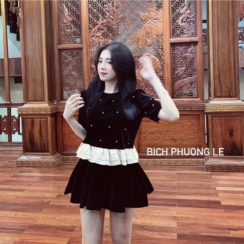 Áo nhung đính ngọc mix chân viền be xinh xắn