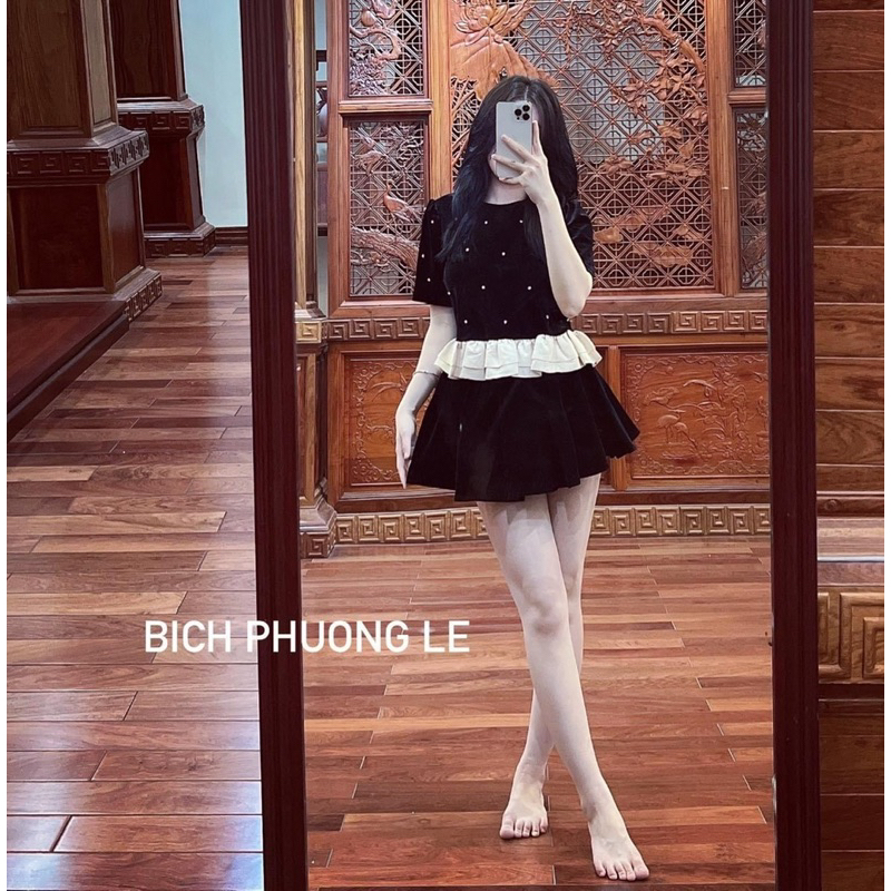 Áo nhung đính ngọc mix chân viền be xinh xắn