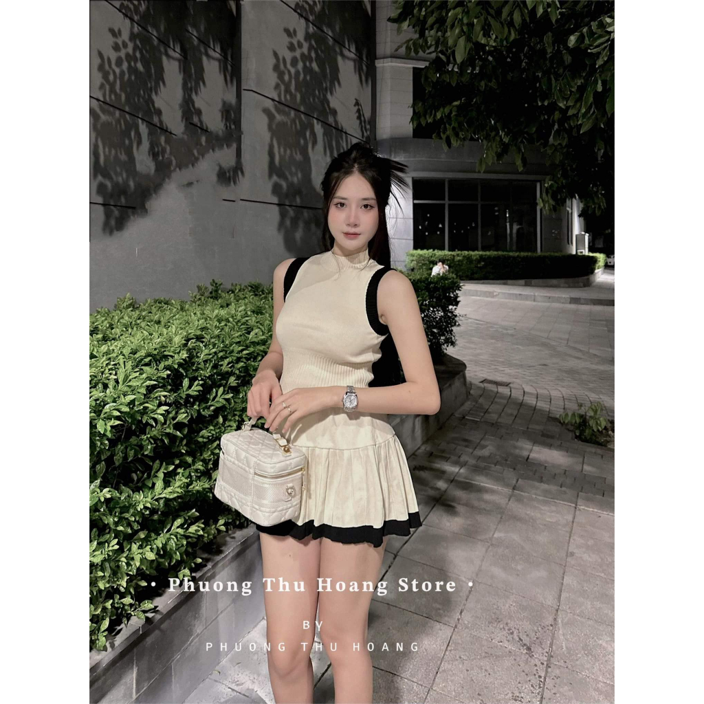 Sét len be mềm áo dáng ngắn sát nách + chân váy cạp cao xếp ly