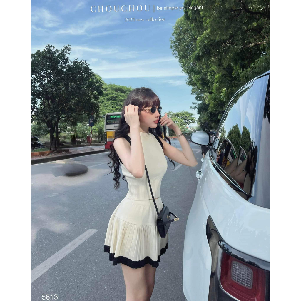 Sét len be mềm áo dáng ngắn sát nách + chân váy cạp cao xếp ly